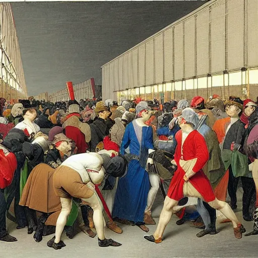 Prompt: the crowds at the black friday sales at walmart, intricate, highly detailed, sharp focus, art by jacque louis david