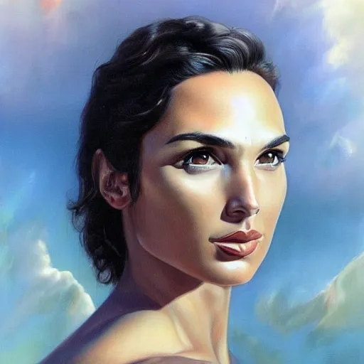 Image similar to a striking hyper real painting of Gal Gadot by boris vallejo.