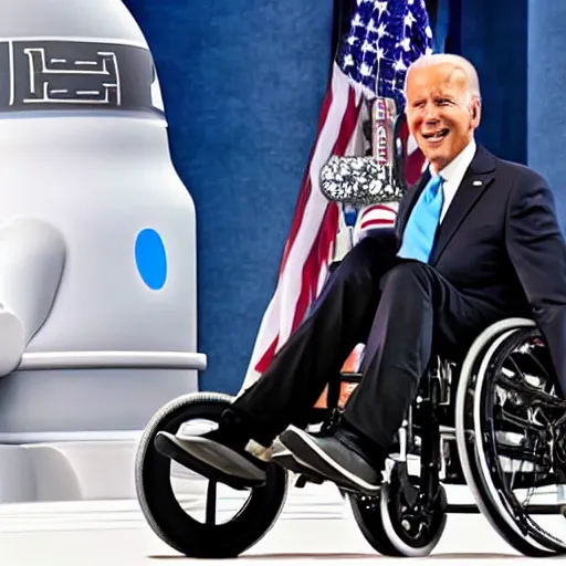 Image similar to still image of joe biden sitting in a wheelchair that has a rocket booster attached to the back, turbo boosted wheelchair, 8 k photo