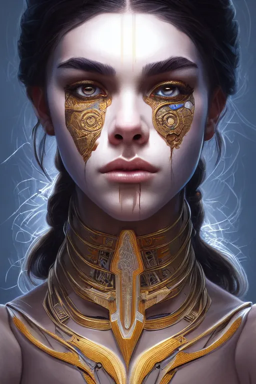 Image similar to symmetry!! portrait of madison beer in the style of god of war, machine parts embedded into face, intricate, elegant, highly detailed, digital painting, artstation, concept art, smooth, sharp focus, illustration, art by artgerm and greg rutkowski and alphonse mucha, 8 k