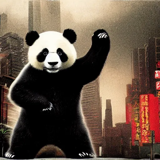 Prompt: giant panda destroying tokyo in the style of the movie godzilla, cinematic lighting, cinematic framing and shadows 1 9 7 0 s aesthetic