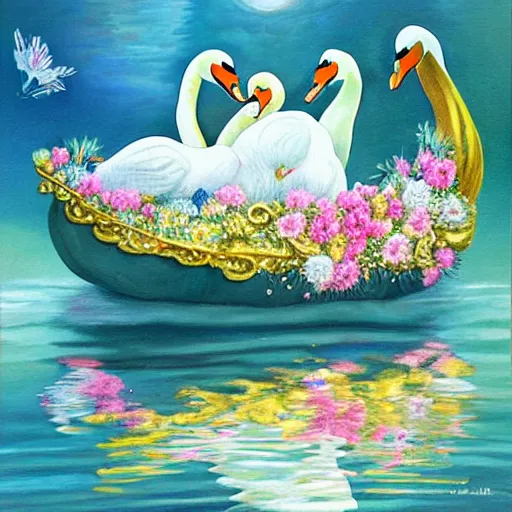 Prompt: Fantasy Swan Boat adorned in Diamonds and Flowers DayDream Painting