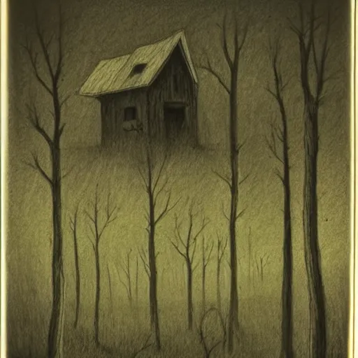 Image similar to a drawing of a eerie cabin in the middle of the woods in the style of beksinski