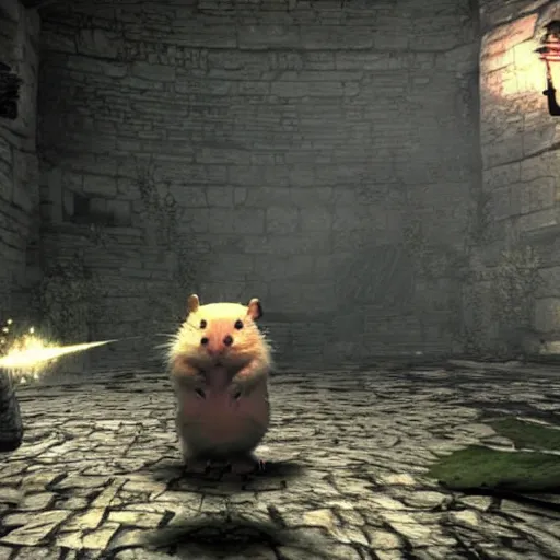 Prompt: a hamster in the video game Dark Souls