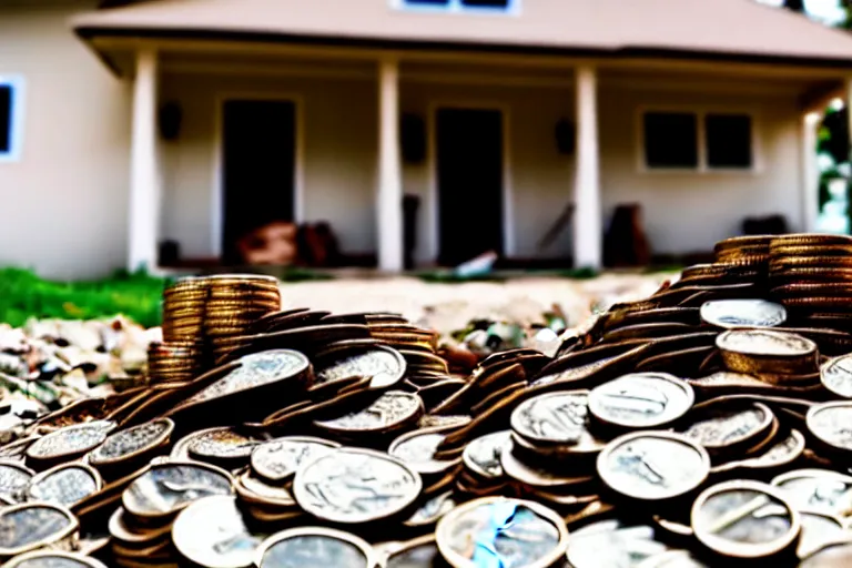 Image similar to a house, under construction, made of money, with piles of coins around it