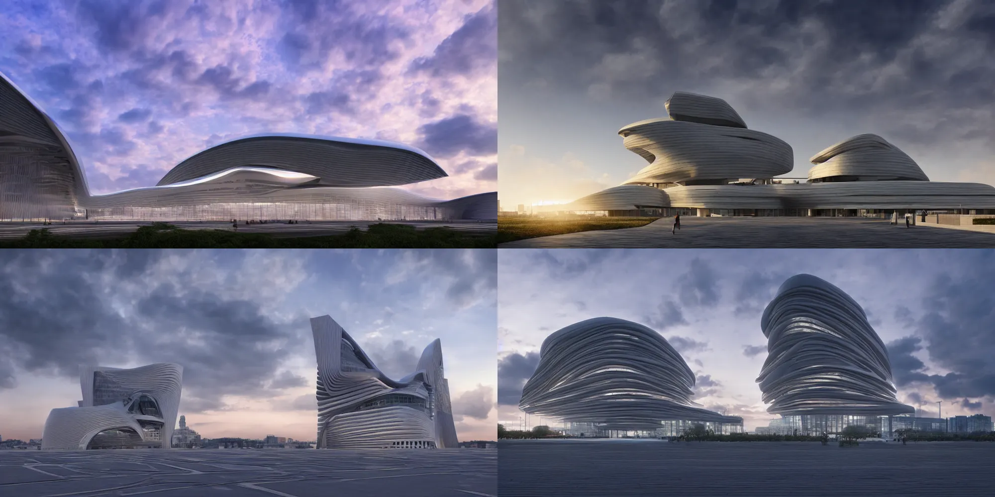 Prompt: photorealistic architectural visualization corona render, building in high-tec style by Zaha Hadid, straight lines and correct perspective, on the beatiful cloudy sky sunset background