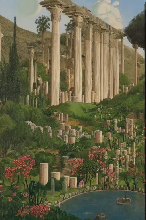 Image similar to hanging gardens of babylon, temple of artemis at ephesus, waterfalls, blooming hills with spring flowers and pillars by helen lundeberg