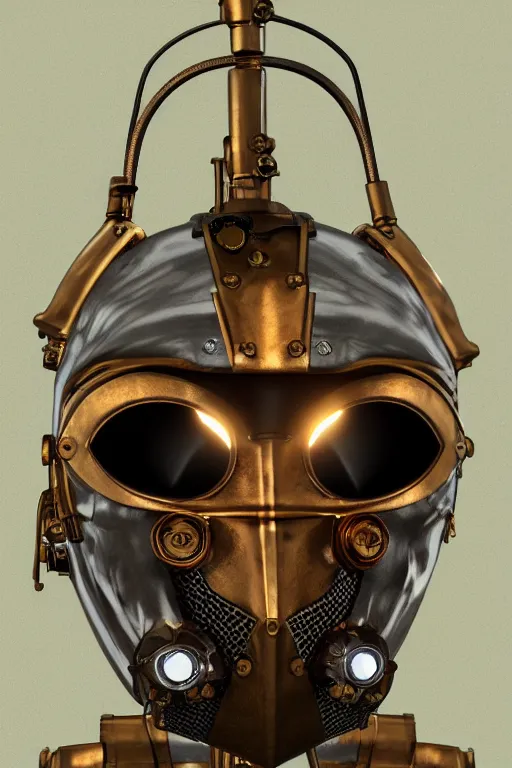 Image similar to steampunk mask minimalist fantasy art robot ninja helmet, global illumination ray tracing hdr fanart arstation by sung choi and eric pfeiffer and gabriel garza and casper konefal radiating a glowing aura