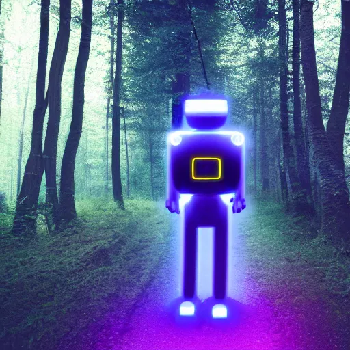 Prompt: Neon realistic robot following unknown blurry man in the woods, dark, highres, high detail