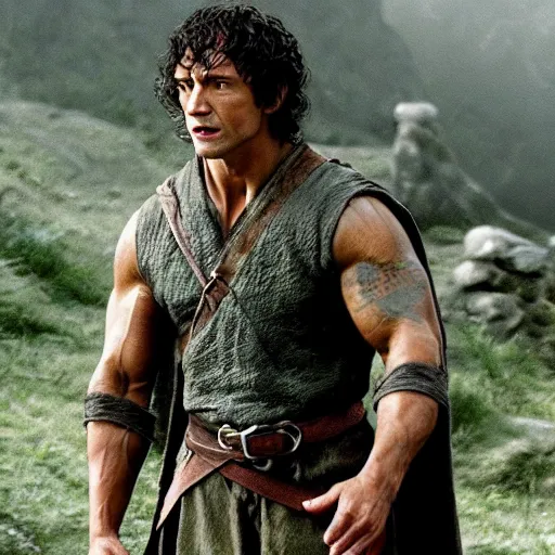 Prompt: dwayne the rock johnson as frodo baggins in lord of the rings