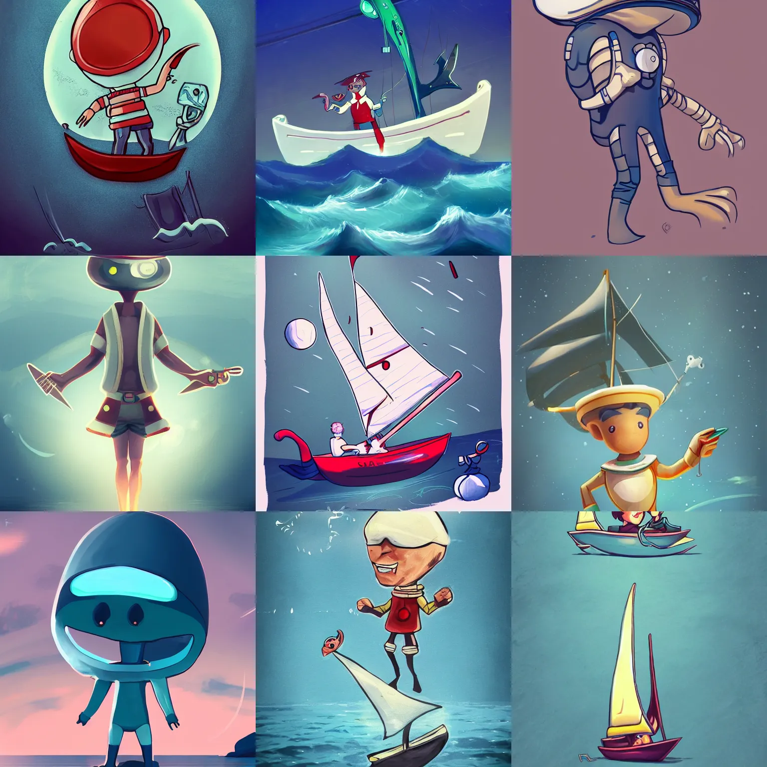 Prompt: friendly alien sailor open sea in a sailboat character art trending on artstation