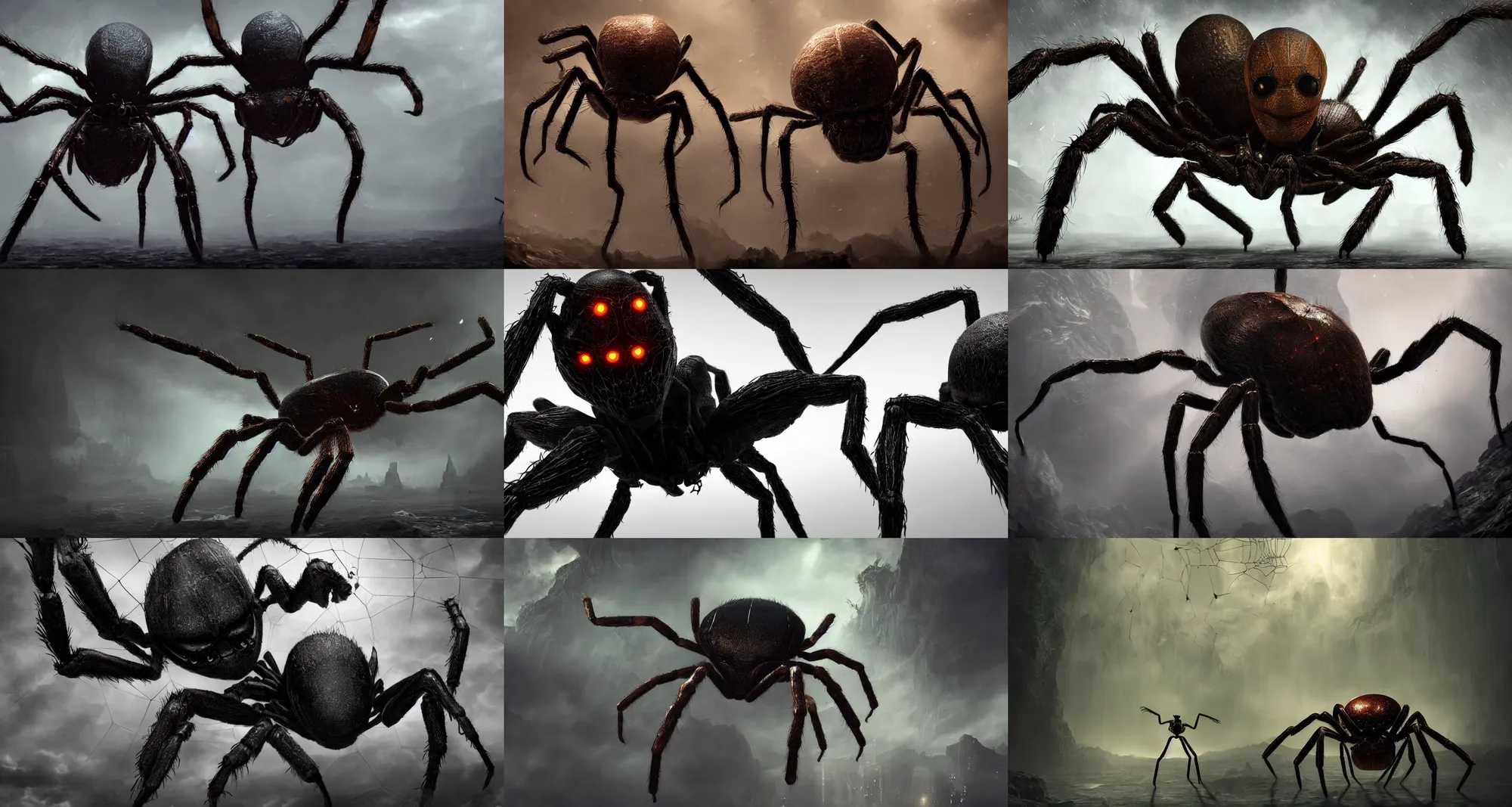 Prompt: a creature with the head of Tobey Maguire and a body of a giant spider. Digital art, dark, fantasy, epic, dramatic, volumetric lighting, trending on artstation, detailed, 8k