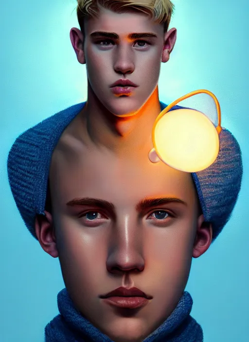 Image similar to portrait of high school senior boy named big moose, blonde short hair, jock, beefy, wide face, square jaw, square facial structure, blue varsity jacket with letter r, intricate, elegant, glowing lights, highly detailed, digital painting, artstation, concept art, sharp focus, illustration, art by wlop, mars ravelo and greg rutkowski