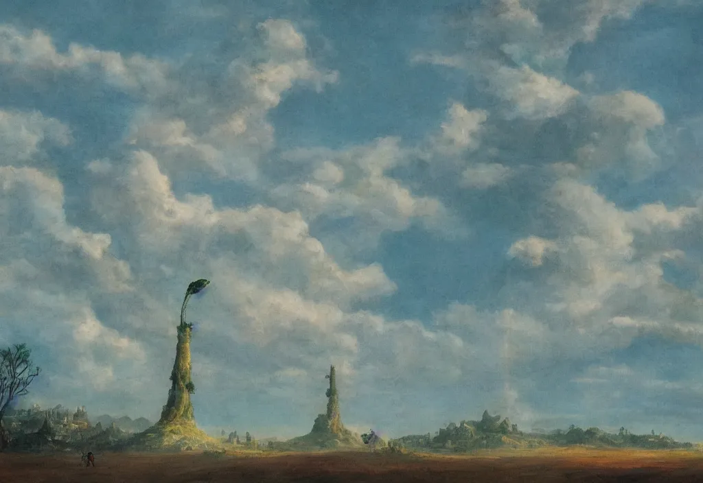 Image similar to a beanstalk reaching the clouds, vast city landscape