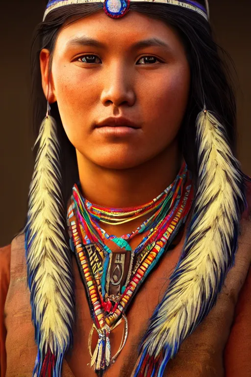 Image similar to beautiful young Navajo woman in a Navaho outfit, close-up portrait, intricate, high resolution, cinematic lighting, scenery, digital painting, highly detailed, artstation, sharp focus, illustration, concept art, ruan jia, steve mccurry and Irakli Nadar