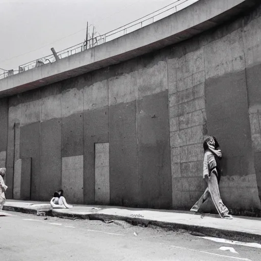 Image similar to brutalist buildings, rundown buildings, orwellian dystopia, totalitarian murals on building walls, hooligans with shaggy hair and blue suits, 1 9 7 1 cinematic, 8 mm photo lens, kodak