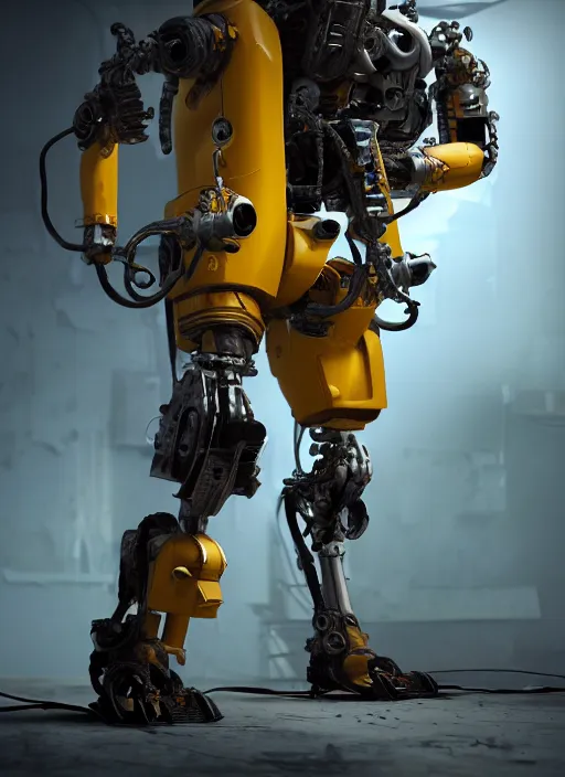 Image similar to a photorealistic dramatic hyperrealistic render of a futuristic exosuit power loader heavy machinery, ultra realistic details, glossy yellow, well worn, rust, oil stains by vitaly bulgarov and mike nash, beautiful dramatic dark moody tones and lighting, cinematic atmosphere, studio lighting, global illumination, shadows, dark background, octane render, 8 k