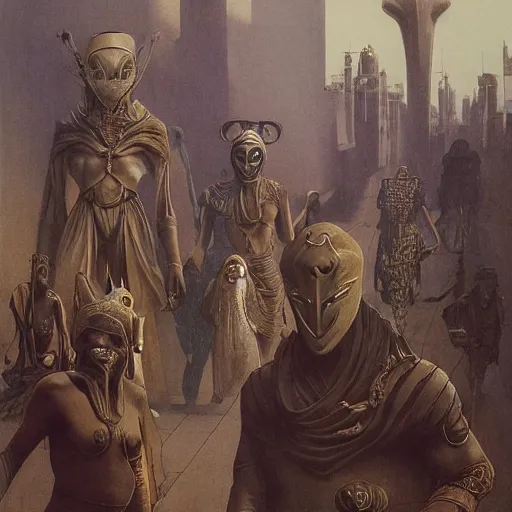 Image similar to portrait of masked Dune Dynasty on the art deco streets of the Undying Empire city of ya-Sattra during the Festival of Masks, award-winning realistic sci-fi concept art by Beksinski, Bruegel, Greg Rutkowski, Alphonse Mucha, and Yoshitaka Amano