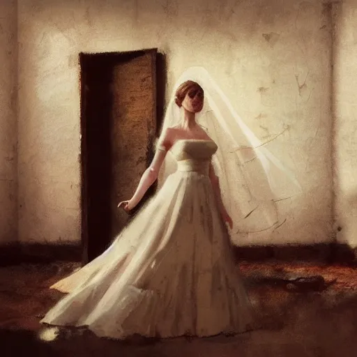 Image similar to A woman in a wedding dress in a dilapidated room, long shadow, dark room, vintage shading, warm colors, by Greg Rutkowski, artstation