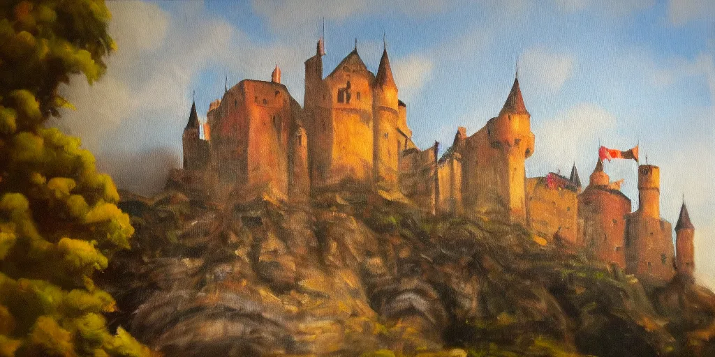 Image similar to an oil painting of a medieval castle by Linda Bergkvist, extremely beautiful, f/1.4