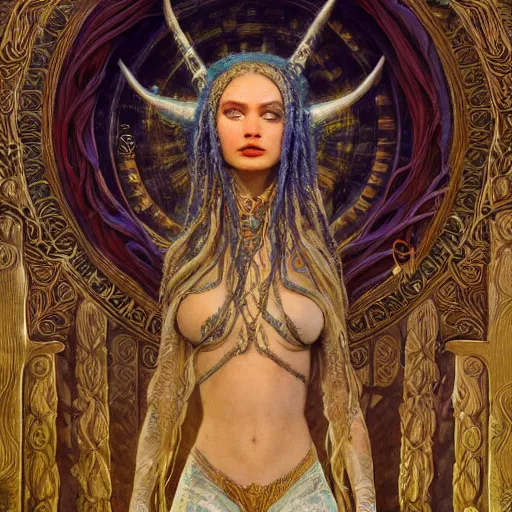 Prompt: intricate detail, hyper detail, lady of elche techno mystic princess intergalactica, inanna, ashteroth, with aqua neon rapunzel dreadlocks, mami wata, detailed, by gaston bussiere, bayard wu, greg rutkowski, h. r. giger, greg rutkowski, sandro botticelli, masterpiece, sharp focus,