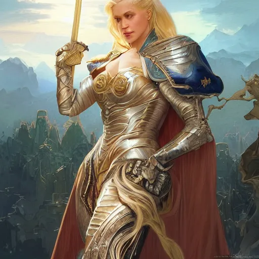 Prompt: A beautiful digital painting of a strong blonde woman, in a regal armor, princess, D&D, fantasy, intricate, cinematic lighting, highly detailed, digital painting, Artstation, concept art, smooth, sharp focus, illustration, art by Artgerm and Greg Rutkowski, Alphonse Mucha and charlie bowater