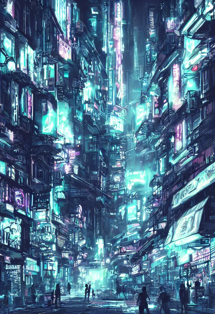 Prompt: concept art of a magnificent dark neon futuristic cyberpunk city bustling street at night cyberart in the style of liam wong