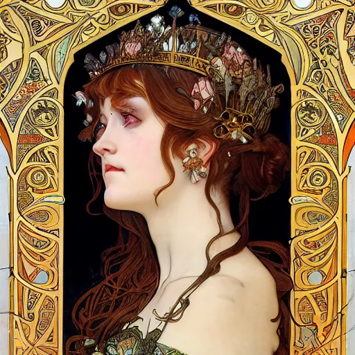Prompt: realistic detailed face portrait of a beautiful young medieval queen of lilies by Alphonse Mucha, Ayami Kojima, Amano, Greg Hildebrandt, and Mark Brooks, Art Nouveau, Neo-Gothic, gothic
