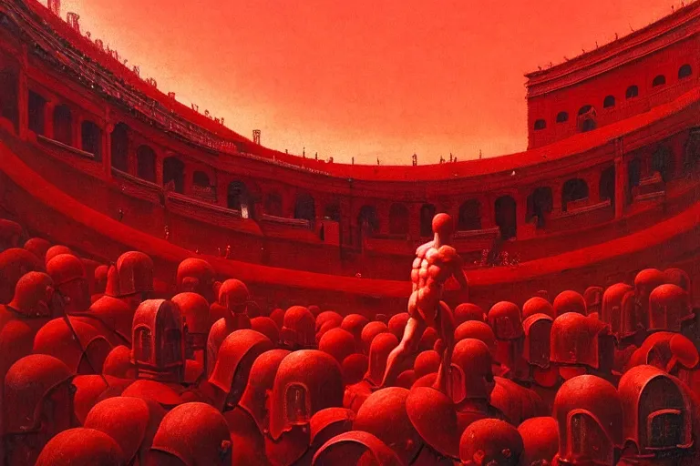 Image similar to only with red, a red gladiator in a crowded roman amphitheatre, crowd cheers him, in the style of beksinski, parts by edward hopper, parts by rodcenko, parts by yue minjun, intricate and epic composition, red by caravaggio, insane quality, highly detailed, masterpiece, red light, artstation