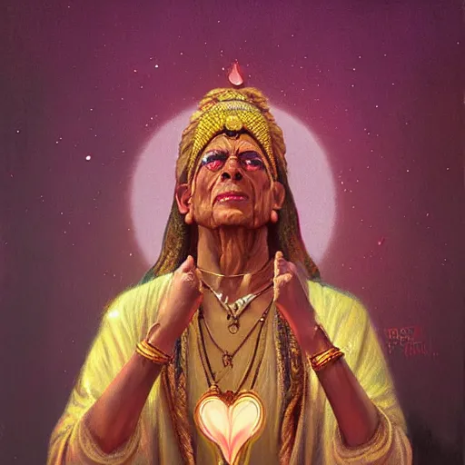 Prompt: wise old Indian guru, making fists, pink and gold, by Anato Finnstark, Tom Bagshaw, Brom
