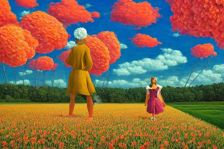 Image similar to giant flower head, woman walking, surreal, clouds in sky, impressionist painting, digital painting, artstation, rob gonsalves