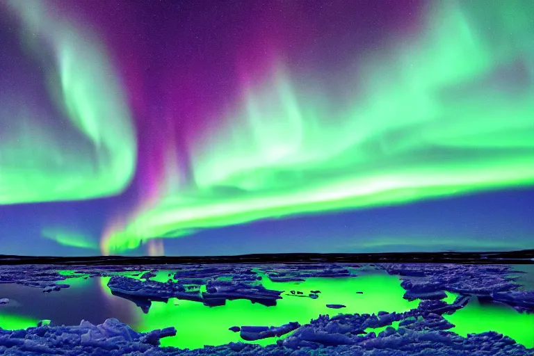 Prompt: ( ( vibrant ) ) aurora over dark arctic landscape
