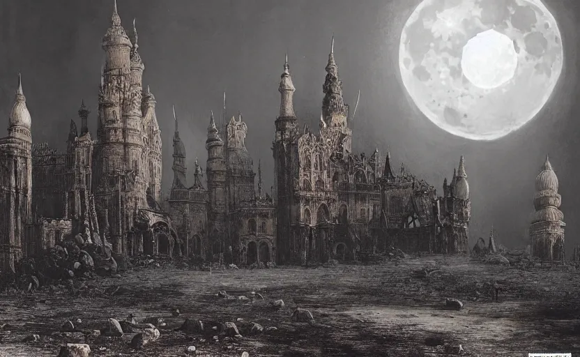 Image similar to a picture in high contrast by vasily vereshchagin of burning!!! gothic! castle in smoke and ashes by the village, full moon in clouds!, visual art, 8 k resolution, 3 d modelling, hard lighting, masterpiece, vray