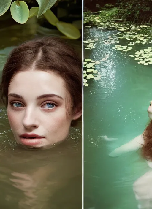 Image similar to Kodak Portra 400, 8K, soft light, volumetric lighting, highly detailed, britt marling style 3/4 ,portrait photo Close-up portrait photography of a beautiful woman how pre-Raphaelites, the face emerges from a pond surrounded by lily pads, thermal waters flowing down white travertine terraces, inspired by Ophelia paint ,and hair are intricate with highly detailed realistic beautiful flowers , Realistic, Refined, Highly Detailed, interstellar outdoor soft pastel lighting colors scheme, outdoor fine art photography, Hyper realistic, photo realistic