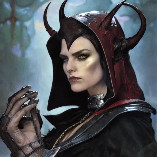 Image similar to portrait of a surly and resentful female tiefling thief with small horns clothed in leather armor and a cloak, angry expression, by Greg Rutkowski and John Collier and Krenz Cushart and Artem Demura and Alphonse Mucha and Albert Aublet, as seen on ArtStation, 4k, dungeons and dragons, very aesthetic, very detailed, intricate, unreal, fantasy, dramatic, painterly, artstation, sharp focus, smooth