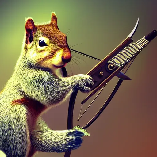 Image similar to A squirrel dressed as Peter Pan holding a crossbow. Digital art