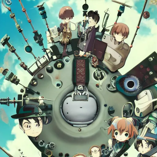 Image similar to film still a steampunk anime about scientists creating a mechanical bunny, art by Dice Tsutsumi, Makoto Shinkai, Studio Ghibli, playstation 2 printed game poster cover, cover art, poster, poster!!!