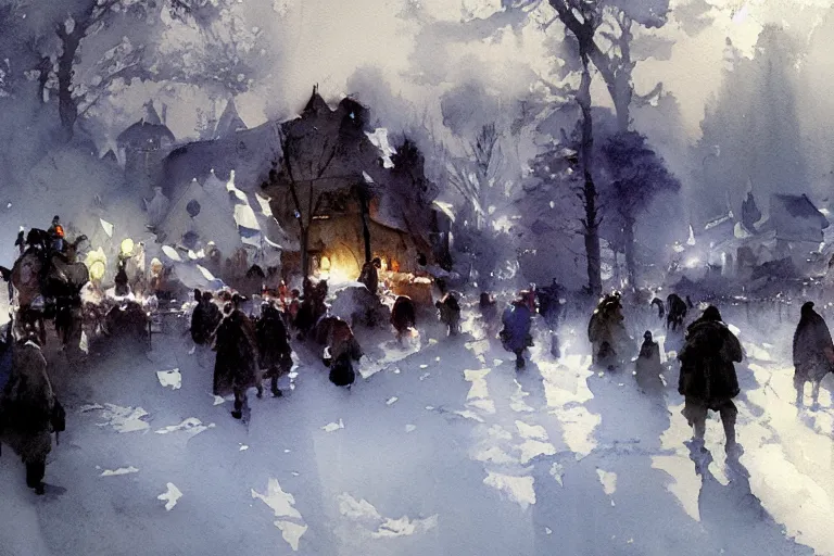 Prompt: abstract watercolor painting of village, magic diamond crystal winter, cinematic light, national romanticism by anders zorn, by greg rutkowski, by greg manchess