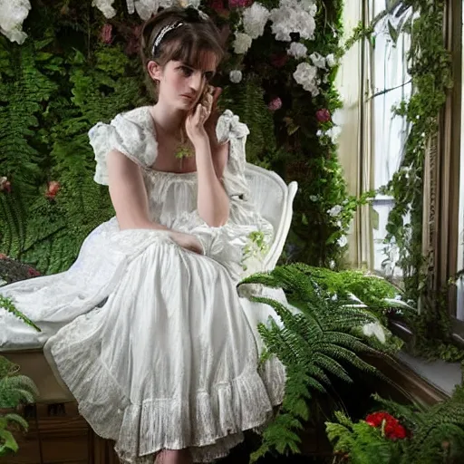 Image similar to fantasy, glow, shimmer, emma watson as victorian woman in a long white frilly lace dress and a large white hat having tea in a sunroom filled with flowers, roses and lush fern flowers ,intricate, night, highly detailed, dramatic lighting , high quality