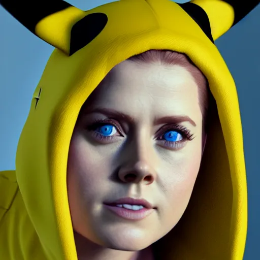 Image similar to photorealistic high resolution 3 d render of amy adams in pikachu onesie portrait, unreal engine 5, trending on artstation, volumetric lighting, subsurface scattering, highly detailed realistic human skin texture