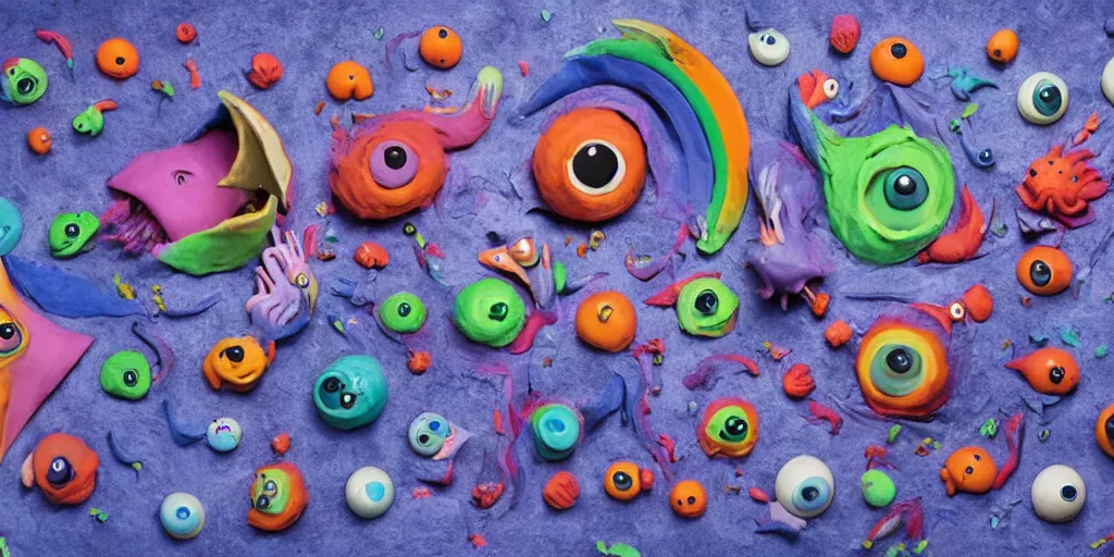 Image similar to giant scary claymation monsters eating eachother and merging into eyeballs and rainbows