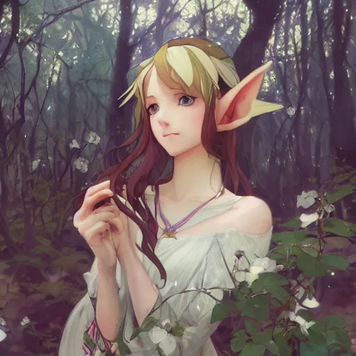 Prompt: a portrait of an angelic elf woman in a magical forest by krenz cushart, makoto shinkai, kyoto animation, shigenori soejima, alphonse mucha, pixiv, perfect face, fine details, realistic shaded, fine - face, pretty face