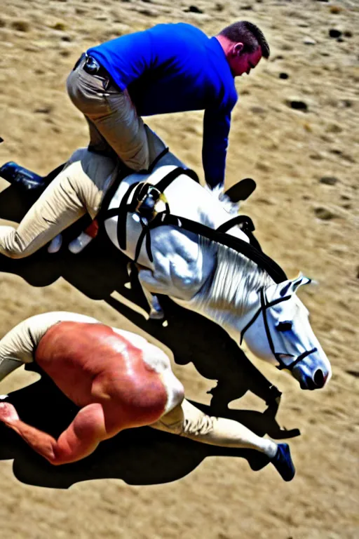 Image similar to horse wrestles astronaut pilot spaceman on all fours on hands and knees in grappling in closed guard on mount position