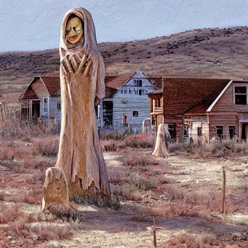 Image similar to western ghost town with creepy ghosts, art by alan bean