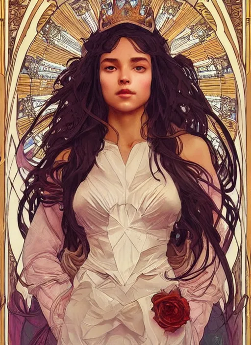 Image similar to queen, hannah owo face, incredibly detailed face, pretty face, light dress, true anatomy, art by artgerm and greg rutkowski and alphonse mucha