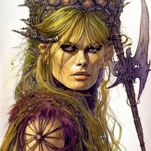 Image similar to a realistic and atmospheric watercolour fantasy character concept art portrait of brigitte bardot in her 2 0 s as a druidic warrior wizard looking at the camera with an intelligent gaze by rebecca guay, michael kaluta, charles vess and jean moebius giraud