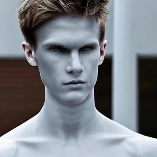 Image similar to a realistic detailed photo of a guy who is an attractive humanoid who is half robot and half humanoid, who is a male android, soccer player martin ødegaard, shiny skin, posing like a statue, blank stare, by the pool, on display, showing off his muscles, humanoid robot, transparent sculpture