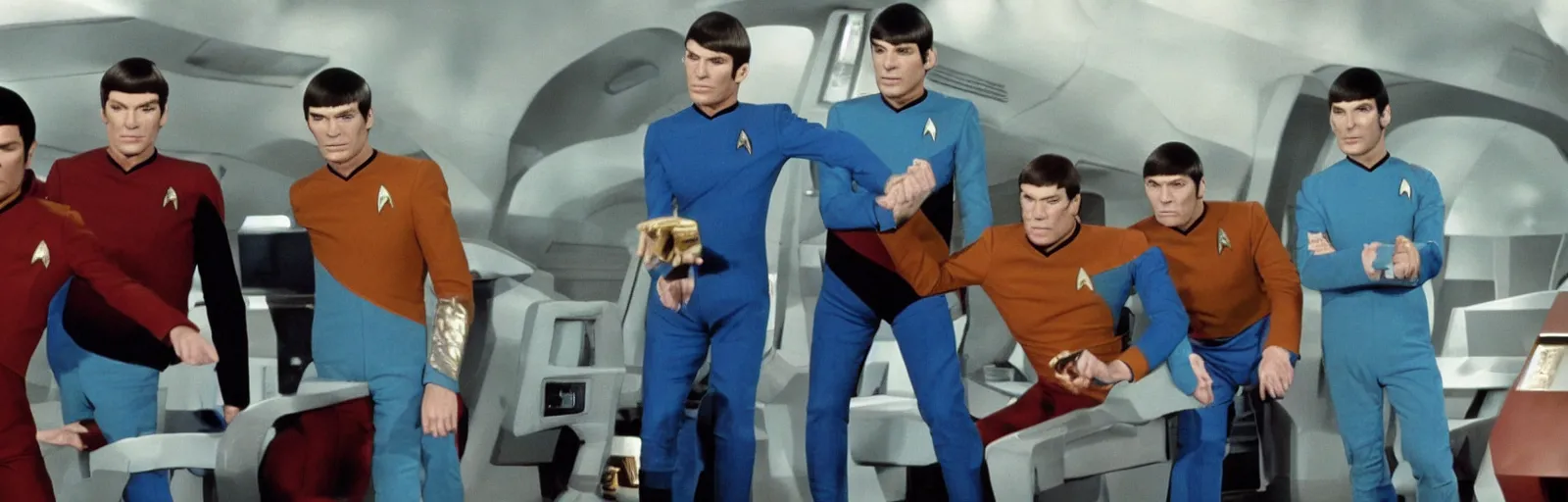 Image similar to a screencap of captain kirk, mr. spock and doctor mccoy on the bridge of the enteprise, in star trek the original series