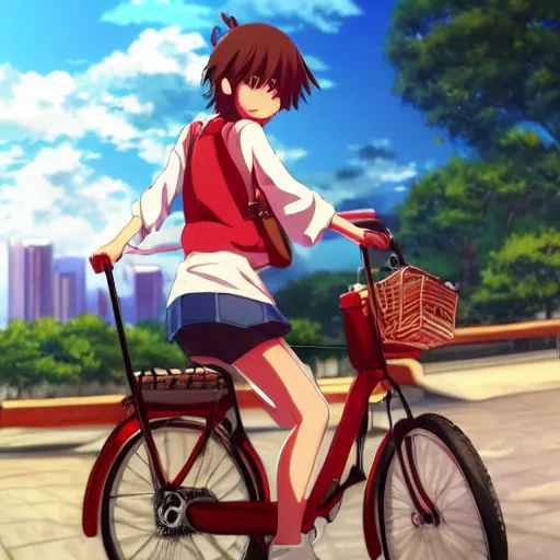 Prompt: close up of a high definition anime girl with red delivery clothes in a bike with armenia quindio in the background , Artwork by Makoto Shinkai, pixiv, 8k, official media, wallpaper, hd