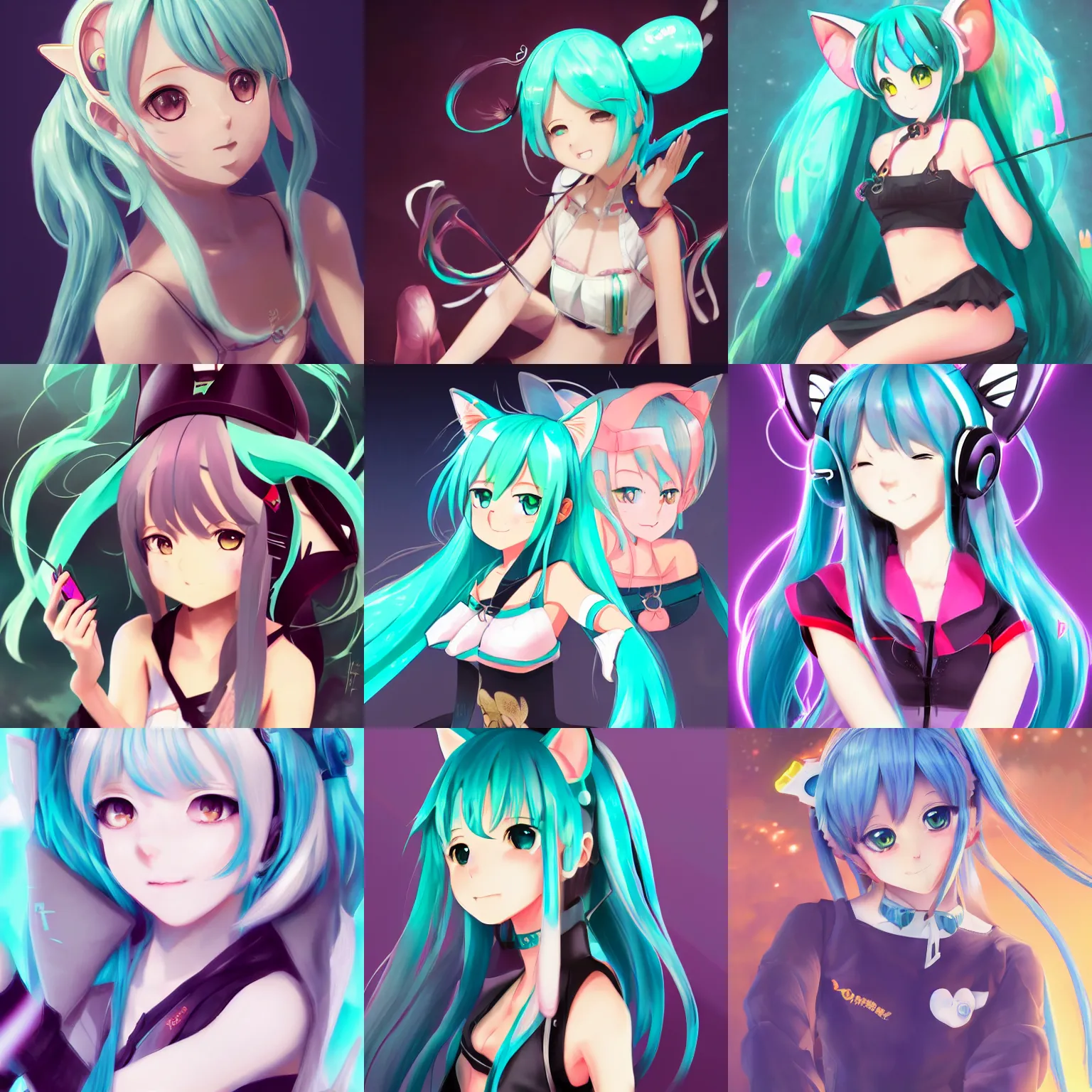 Prompt: A beautiful anime-style digital concept portrait of beautiful cat girl Hatsune Miku are sitting pose, selfie, tik tok, by Stanley Artgerm Lau, WLOP, Rossdraws, LeraPi, and Sakimichan, trending on ArtStation, deviantart, SFW version